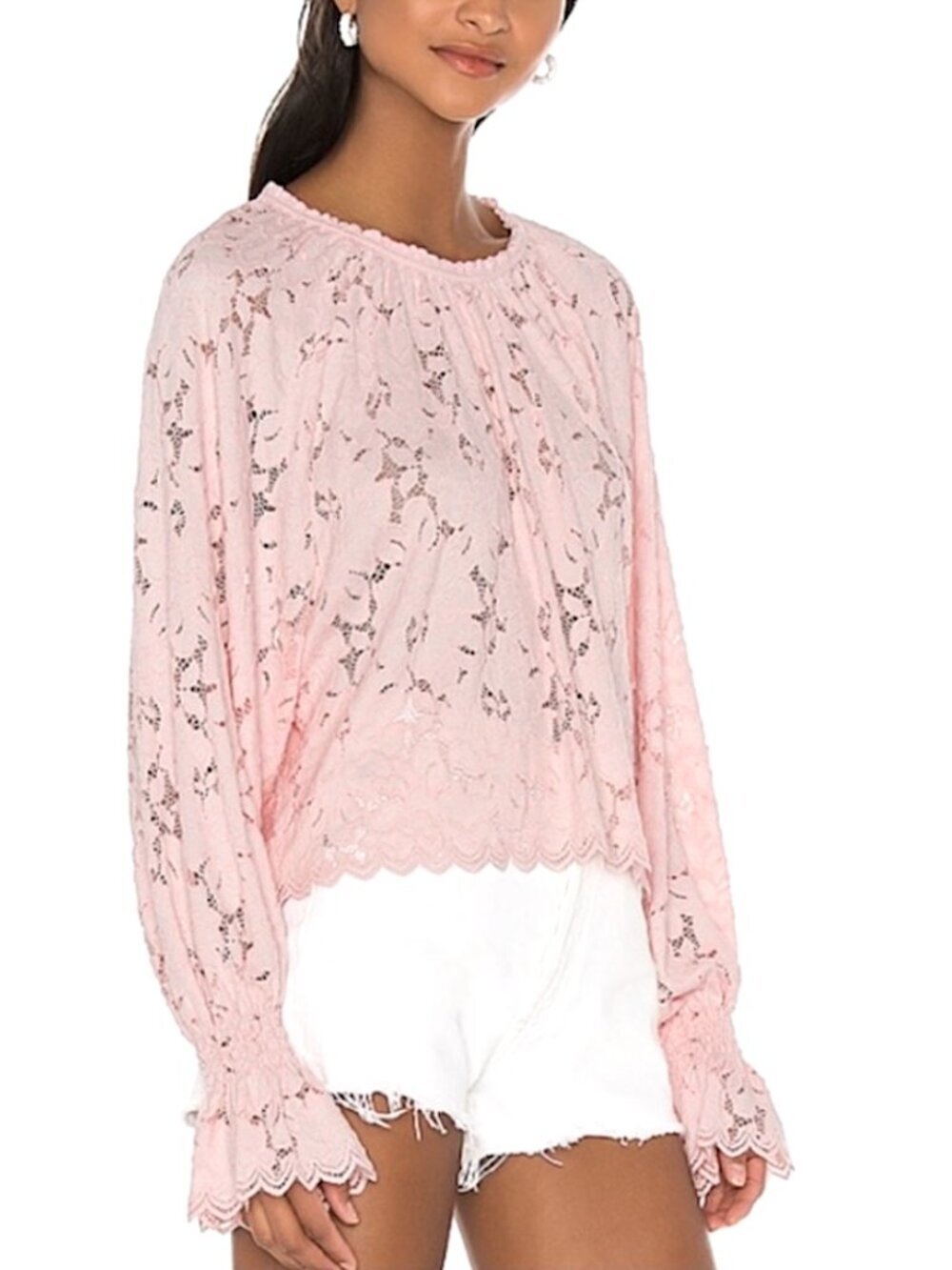 FREE PEOPLE Olivia Lace Top w/Dolman Balloon Poet Sleeves Pink Blush